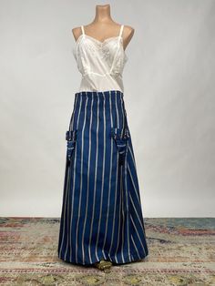 Antique Edwardian Victorian Blue Striped Woven Silk Full Length Skirt AS IS | eBay Fitted Long Blue Wrap Skirt, Blue Fitted Long Wrap Skirt, Blue Long Wrap Skirt, Fitted Blue Cotton Wrap Skirt, Edwardian Walking Skirt, Edwardian Skirt, Walking Skirt, Victorian Skirt, Full Length Skirt