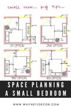 the space plan for small bedroom with four separate rooms and three different areas in each room