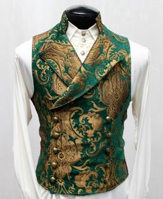 Ren Faire Costume Suits, Black Tapestry, Prince Clothes, Fitted Vest, Gold Suit, Gold Tapestry, Double Breasted Vest, Engraved Metal, Green Vest