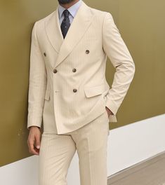 Cream Colour Blazer For Men, Elegant Beige Double-breasted Suit, Cream Suits For Men, Fitted Cream Single-breasted Suits, Beige Double-breasted Suit With Buttons, Tailored Double-breasted Beige Suits, Men Tailored Suit, Engagement Suits, Shadab Khan