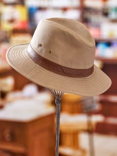 Inspired by Indian Jones (remember him?), this hat is built for adventure - whether that means heading out for a hike in the woods or venturing out to the wilds of a local restaurant. The handsome hat is sturdily crafted from water-repellant cotton twill in a classic style that looks good on just about everyone. Available in a variety of sizes for a custom fit. Tightly woven twill offers 50+UPF Garment-washed for a rugged, weathered look Finished with a 2-1/2" wide faux leather hatband Spot clea Canvas 5-panel Hat For Outdoor Activities, Casual Adjustable Hat Bands For Hunting, Canvas Hat With Curved Brim For Outdoor Activities, Outdoor Brimmed Canvas Hats, Canvas Hats With Flat Brim For Outdoor, Outdoor Canvas Bucket Hat With Short Brim, Outdoor Canvas Brimmed Hat, Outdoor Safari Fedora With Curved Brim, Casual Hunting Hat With Flat Brim