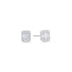 These diamond stud earrings feature five emerald cut diamonds accented by four round white diamonds. They amass a .31 carat weight, and shine super brightly due to their combined cuts. Classic Diamond White Baguette Diamond Earrings, White Emerald Cut Baguette Diamond Earrings, Modern Emerald Cut Diamond Earrings, Baguette Diamond Earrings With Emerald Cut, Emerald Cut Baguette Diamond Earrings, Timeless Emerald Cut Diamond Earrings, White Emerald Cut Diamond Earrings With Accents, Emerald Cut Stud Earrings, Band Necklace