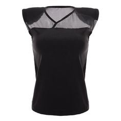 Equally versatile and polished, this top is made from  a very stretchi fabric. The contrast between the paded shoulders and the delicate mesh fabric draws attention to the assimetrichal neckline of the top.   Designer recommendation:   Let this top be your secret weapon, effortlessly drawing focus to you with a touch of mesmerizing charm. Fabric: 96% polyamide, 4% elastane  Care: Machine wash cold. Iron at medium temperature Colour: Black Elegant Stretch Mesh Top, Black Elastane Summer Blouse, Elegant Top With Sheer Mesh Sleeves, Black Elastane Blouse For Summer, Elegant Stretch Nylon Mesh Top, Chic Fitted Top With Mesh Back, Stretch Mesh Blouse For Night Out, Elegant Tops With Mesh Sleeves, Stretch Mesh Top With Mesh Sleeves For Evening