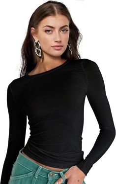 Basic women's top with long sleeves and classic turtleneck design, slim fit, and beautiful neckline suits all styles, multiple colors, and rich sizes to choose from, perfect match with jeans, leggings, leather jackets, and more. Simple yet elegant and feminine, this top makes you so sexy and is a must-have for any closet. Y2k T Shirts, Womens Basic Tops, Fit Y2k, Layered Fits, Tops Long Sleeve, T Shirt Image, Women Long Sleeve Tops, Basic Tops, Base Layer