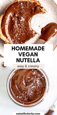 homemade vegan nutella in a bowl with bread on the side and text overlay