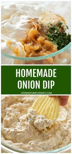 homemade onion dip in a glass bowl with tortilla chips