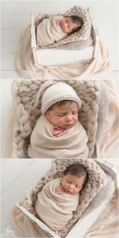 two photos of a baby wrapped up in blankets and sleeping on top of each other