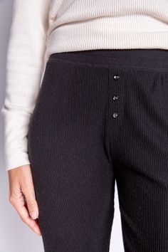 Black rib jammie pant with banded cuffs and faux 3-button fly. (6612551336036) Relaxed Fit Ribbed Bottoms For Relaxation, Everyday Ribbed Stretch Bottoms, Everyday Stretch Ribbed Bottoms, Casual Ribbed Bottoms For Loungewear, Ribbed Loungewear Bottoms, Casual Everyday Ribbed Bottoms, Black Lounge Pants, Black Lounge, Womens Pajamas Pants