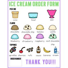 an ice cream order form is shown with the words thank you and other items on it