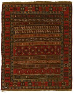 a red and brown rug with many different patterns on it's sides, including the center