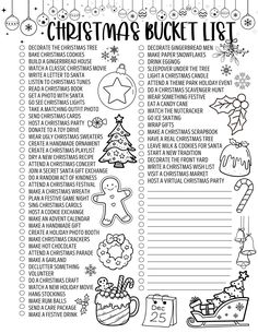 the christmas bucket list is shown in black and white, with lots of decorations on it