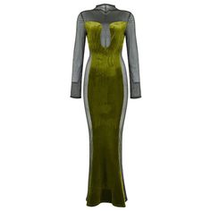 Enhance your style with this elegantly designed Mesh Insert Long Sleeved Velvet Maxi Dress. Constructed with high-quality velvet material, the dress features stunning mesh inserts and long sleeves for a stylish yet modest look. Perfect for any formal event, this dress will make you stand out in the crowd. Fabric: Medium Stretch Material: Polyester, Elastane Green Fitted Velvet Dress With Long Sleeves, Spring Long Sleeve Velvet Dress, Elegant Long Sleeve Sheer Mesh Dress, Spring Velvet Long Sleeve Dress, Elegant Green Velvet Dress For Fall, Green Long Sleeve Velvet Dress For Formal Occasions, Green Velvet Long Sleeve Formal Dress, Sheer Long Sleeve Mesh Dress, Long Sleeve Mesh Dress With Mesh Sleeves For Fall