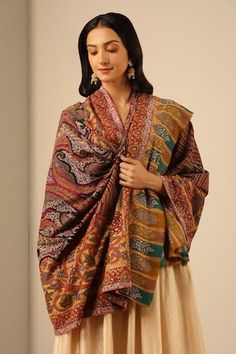 Multi color handmade pashmina shawl with floral kalamkari pattern details. - Aza Fashions Kalamkari Pattern, Pashmina Shawl, Aza Fashion, Shawl, Multi Color, Floral, Pattern, Color