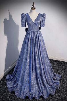 Blue Long A-Line Prom Dress Prom Dress Simple, Champagne Homecoming Dresses, Yellow Homecoming Dresses, Short Sleeve Prom Dresses, Purple Homecoming Dress, Fantasy Outfits, Grey Prom Dress, Satin Formal Dress, Prom Dresses Simple