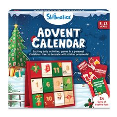 the christmas calendar is on display in front of a snowy background with trees and presents