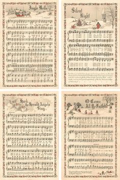 four old sheet music sheets with christmas carols and santa's sleigh