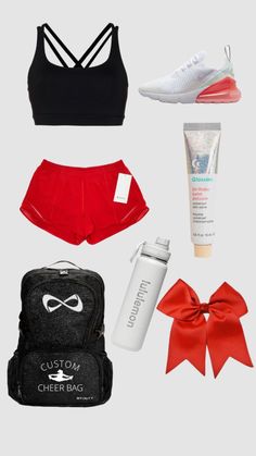 the contents of a women's sports bra top, backpack, and water bottle