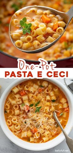 one pot pasta e cegii in a white bowl with a ladle full of soup