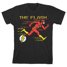 a black t - shirt with the flash running