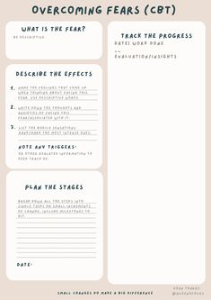 PNG Title:Overcoming Fears (CBT)Box 1 What is the fear Box 2 Describe the effects1.Name the feelings that come up when thinking about facing this fear. 2.Write down the thoughts and anxieties. 3.List the Bodily sensations, Note any triggers: BOX 3 Plan the stages (Break down all the steps into single tasks) Box 4 Track the progress. Footer: Small changes do make a big difference.Dhan Thara©@QueenOfHugs. White beige  background with black & grey letters rounded corners. Font:lazydog 10-17 sizes. Private Practice Therapy, What Is Fear, Facing Fear, Dbt Skills, Health Psychology