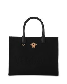 Versace La Medusa Canvas Tote Bag Luxury Tote Shoulder Bag With Logo Hardware, Evening Bags With Logo Hardware And Double Handle, Elegant Tote Bag With Logo Hardware, Luxury Shoulder Bag With Logo Hardware For Shopping, Formal Double Handle Bag With Logo, Luxury Shoulder Bag With Logo Hardware For Daily Use, Luxury Tote Bag With Logo Hardware, Elegant Bags With Logo, Elegant Top Handle Bag With Logo