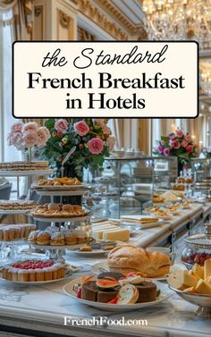 the breakfast in hotel is ready to be eaten with fresh fruit and pastries on display