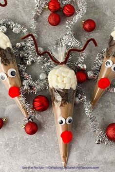 these reindeer cones are decorated with white chocolate and candy