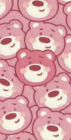 a group of teddy bears that are on a pink background with red and white stripes