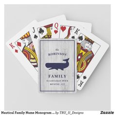 the robinson family playing cards are shown in blue and white, with an image of a whale on it's back