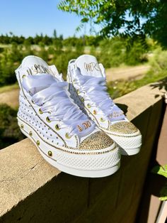 Embellished Round Toe Wedding Shoes For Bride, Embellished Round-toe Wedding Shoes For Bride, Sneaker Ball Shoes, Converse With Rhinestones, Nbc Wedding, Bling Converse Shoes, Gold Inspo, Rhinestone Converse, Converse Wedding