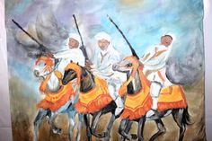 an oil painting of three men on horses with spears in their hands and wearing orange outfits