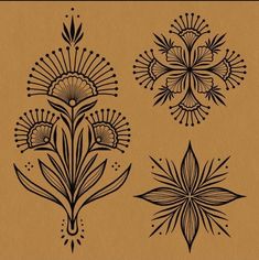 three flower designs on brown paper with black ink