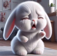 a white bunny crying while sitting on the floor