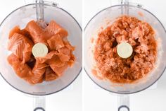 two pictures of food in a blender, one with raw salmon and the other with diced meat