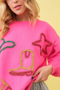 FINAL SALE! Metallic Embroidery Yarn Star Cowboy Western Print Pullover Sweater is such a fun addition to your winter western style wardrobe. Pair it with a skirt to dress it up, or jeans for a casual weekend date night. Color: bright pink. Skirt To Dress, Embroidery Yarn, Hot Pink Sweater, Metallic Embroidery, Metallic Yarn, Casual Weekend, Cowboy Western, Print Pullover, Western Cowboy