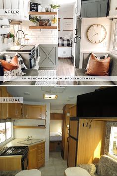 before and after photos of a mobile home kitchen, living room, and dining area