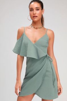 Cute Green Dresses | Casual, Formal, Date Night & More at Lulus Spring Draped Mini Dress For Brunch, Draped Wrap Dress For Spring Date Night, Spring Brunch Draped Mini Dress, Chic Draped Wrap Dress For Spring, Draped Midi Dress For Spring Brunch, Spring Draped Mini Dress With Ruffles, Casual Draped Midi Dress For Spring, Summer Draped Wrap Dress For Date Night, Spring Ruched Midi Wrap Dress