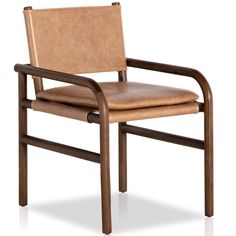 a brown leather chair with wooden frame and armrests