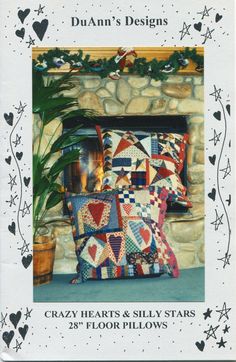 an advertisement for quilts and pillows in front of a fireplace with potted plants