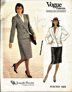 Vogue 1323, Size 8 Measurements - see pattern flap Vogue 1323 is a classic woman's suit by Joseph Picone. Picone started as a tailor of men's clothing and his background is reflected in the business apparel the Evan-Picone company designed for the 80's working woman. This pattern has what you would expect from an expert tailor - two part sleeves including the lining, beautiful shaping with arts and the side front seaming, welt pockets, etc. If you have always wanted to tackle a tailored suit this pattern is for you. Joseph Picone - Misses' Jacket and Skirt. Semi-fitted, lined, double-breasted, above hip jacket has notched collar, shoulder pads, side panels (no side seams), welt pockets with flaps and long, two-piece sleeves with mock vent and button trim. Straight skirt below mid-knee, has 80's Clothes, 80s Vogue, 80s Suit, 1960s Vogue, Period Fashion, Vogue Vintage, 80s Women, Vogue Sewing, Vogue Sewing Patterns