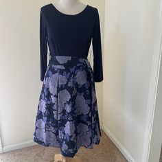 New! Eliza J Sz 10, Blue Metallic Floral Pleated Waist Down Dress. Back Zipper, Matching Waist Sash, Has Pockets And Lined. Purple Full Skirt Dress For Spring, Purple A-line Dress For Workwear, Blue Floral Print Dress With Full Skirt, Elegant Purple Dress With Full Skirt, Chiffon Shift Dress, Metallic Gold Dress, Beautiful Evening Dresses, Navy Lace Dress, Striped Shift Dress