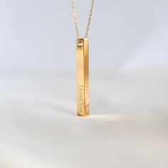 This personalized vertical bar necklace is a beautiful and thoughtful gift for girlfriends, friends, wives, and mothers...  Handmade to order from high-quality, non-tarnish, and waterproof stainless steel, this necklace promises to be a treasured keepsake for years to come. Engrave names, dates, or coordinates to make it uniquely yours. D E T A I L S ✦ Material: High-quality non-tarnish, waterproof stainless steel in silver or gold color ✦ Closure: Lobster claw ✦ Adjustable Chain: 18" - 20" (45 Elegant Rectangular Bar Necklace As Gift, Elegant Rectangular Bar Necklace For Gift, Elegant Rectangular Bar Necklace Gift, Minimalist Engraved Rectangular Bar Necklace, Elegant Rectangular Bar Necklace For Personalized Gift, Rectangular Laser Engraved Necklace For Gifts, Minimalist Laser Engraved Rectangular Necklace, Minimalist Rectangular Jewelry For Valentine's Day, Minimalist Rectangular Laser Engraved Necklace