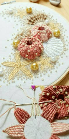 a close up of a embroidery on a table