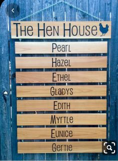 a wooden sign that says the hen house on it's front door, hanging from a chain