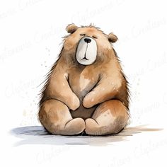 a watercolor painting of a brown bear sitting on the ground with his arms crossed