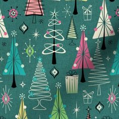 christmas trees and presents on blue fabric