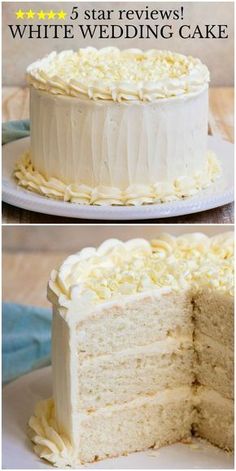 two pictures of a white wedding cake with one slice cut out and the other half eaten