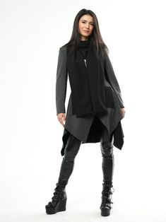 Asymmetrical Coat / Avant Garde Clothing / Asymmetrical Jacket / Scarf Coat / Fitted Blazer / Birthday Gift / Futuristic Coat - Etsy Egypt Asymmetrical Black Outerwear For Office, Black Asymmetrical Outerwear For Office, Modern Winter Party Outerwear, Long Sleeve Patchwork Outerwear For Office, Patchwork Long Sleeve Outerwear For Office, Elegant Patchwork Outerwear For Fall, Avant-garde Long Sleeve Outerwear For Office, Asymmetrical Black Outerwear For Layering, Elegant Black Outerwear With Asymmetrical Zip