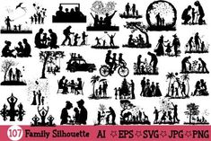 the silhouettes of family silhouettes are shown in black and white, as well as red