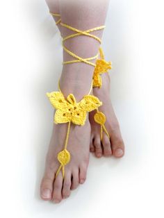 Crochet Butterfly Barefoot Sandals. Yellow or 27 colors. Woman's Foot Jewelry. Long Ties. Beach Wedd Adjustable Barefoot Sandals For Summer, Summer Vacation Barefoot Sandals With Ankle Wrap, Summer Vacation Ankle Wrap Barefoot Sandals, Adjustable Ankle-wrap Sandals For Summer, Summer Beach Barefoot Sandals With Ankle Wrap, Adjustable Barefoot Sandals For Summer Beach, Adjustable Ankle Wrap Barefoot Sandals For Summer, Summer Barefoot Sandals With Ankle Strap, Yellow Open Toe Flip Flops For Beach